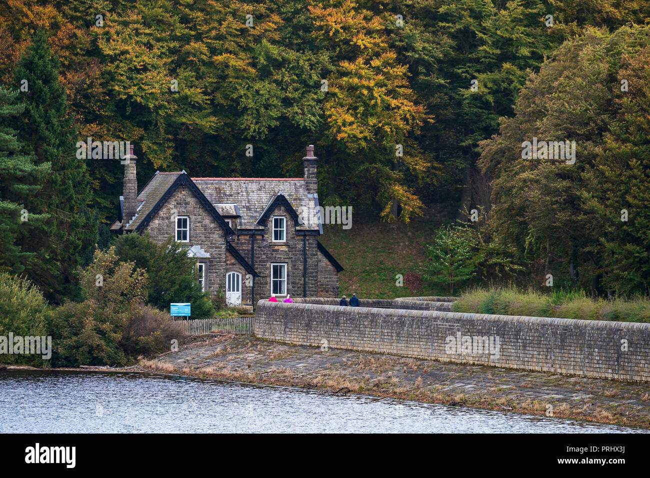 Costruita in pietra casa in piedi al bordo del bosco, da argine a parete e sulle rive del lago - Serbatoio Fewston, Washburn Valley, North Yorkshire, Inghilterra, Regno Unito. Foto Stock