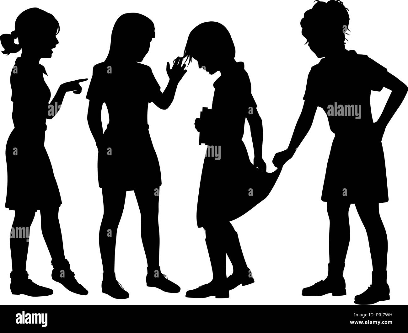 Vettoriale modificabile di silhouette tre ragazza bulli umiliante un'altra ragazza Illustrazione Vettoriale