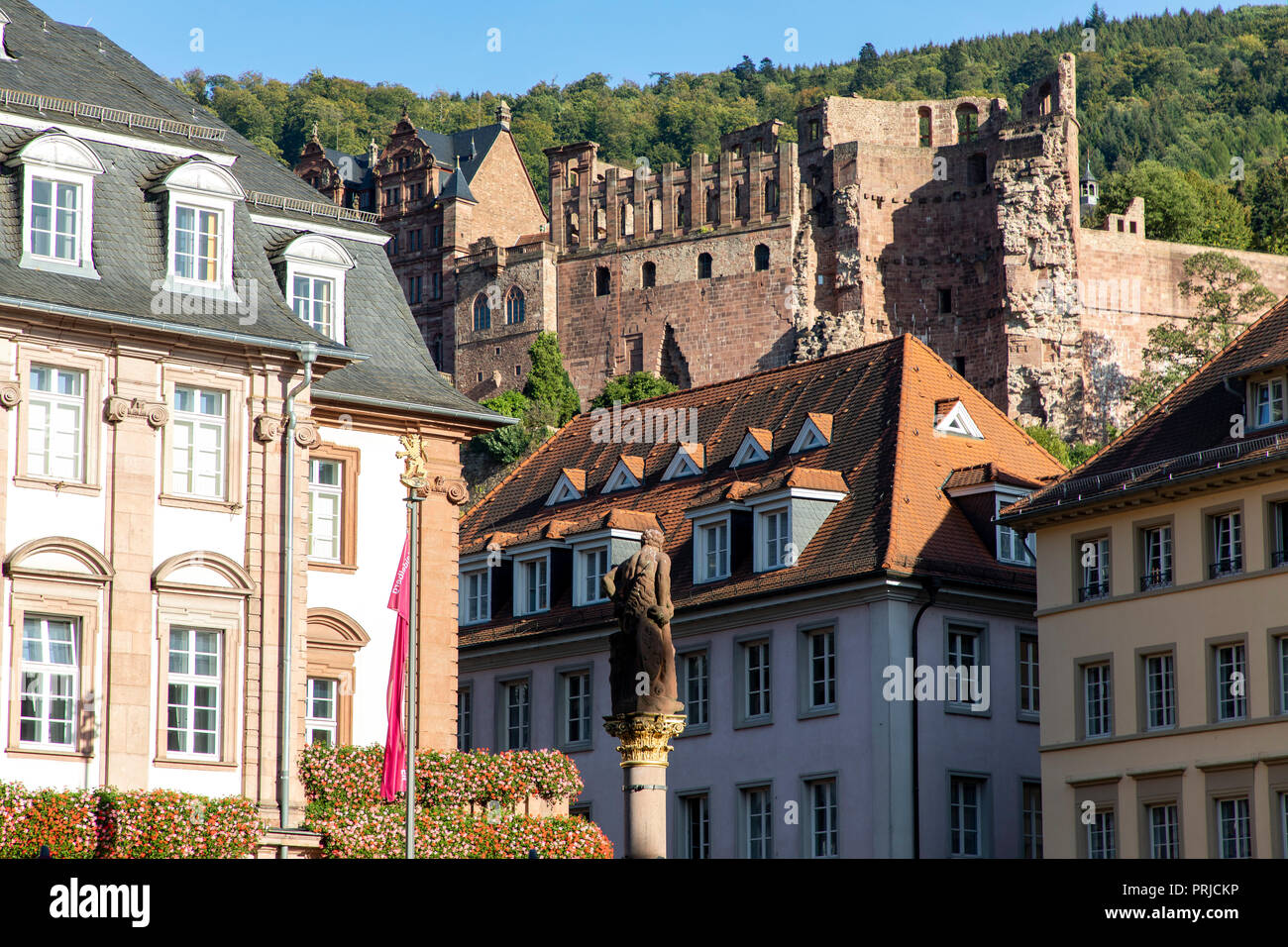 Vista sulla città vecchia di Heidelberg, con il castello di Heidelberg, Neckar, Germania Foto Stock