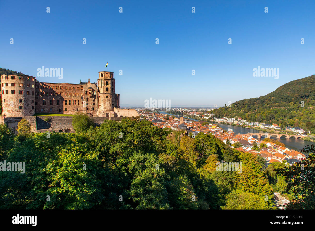 Vista sulla città vecchia di Heidelberg, con il castello di Heidelberg, Neckar, vecchio ponte Neckar, Germania Foto Stock