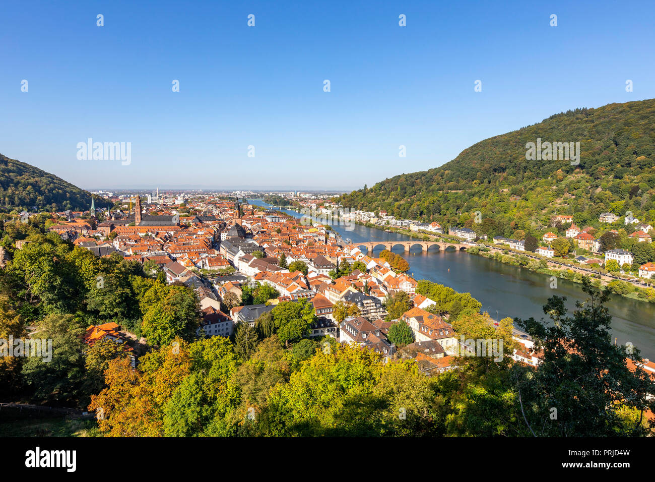 Vista sulla città vecchia di Heidelberg, con il castello di Heidelberg, Neckar, vecchio ponte Neckar, Germania Foto Stock