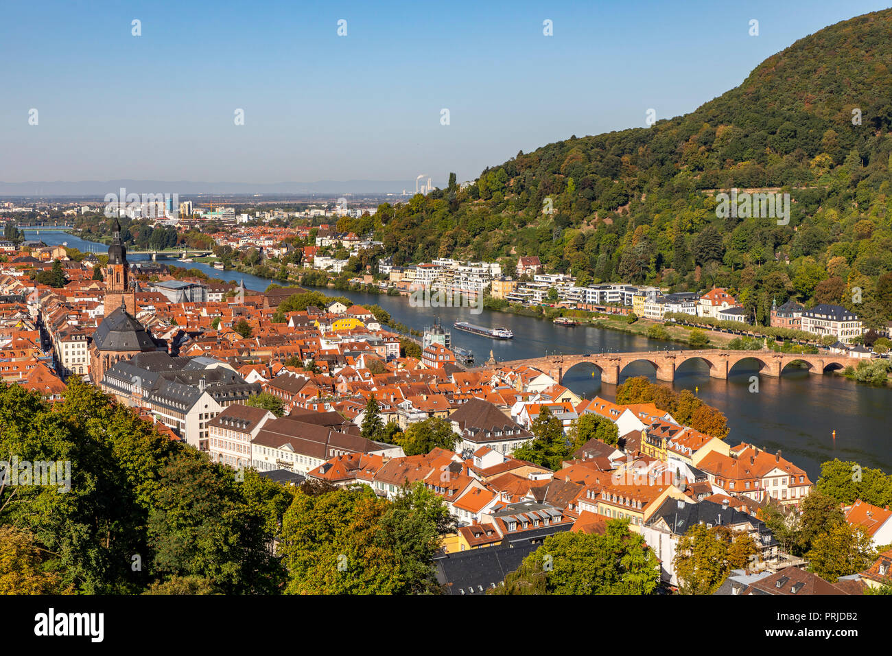 Vista sulla città vecchia di Heidelberg, fiume Neckar, vecchio ponte Neckar, Germania Foto Stock