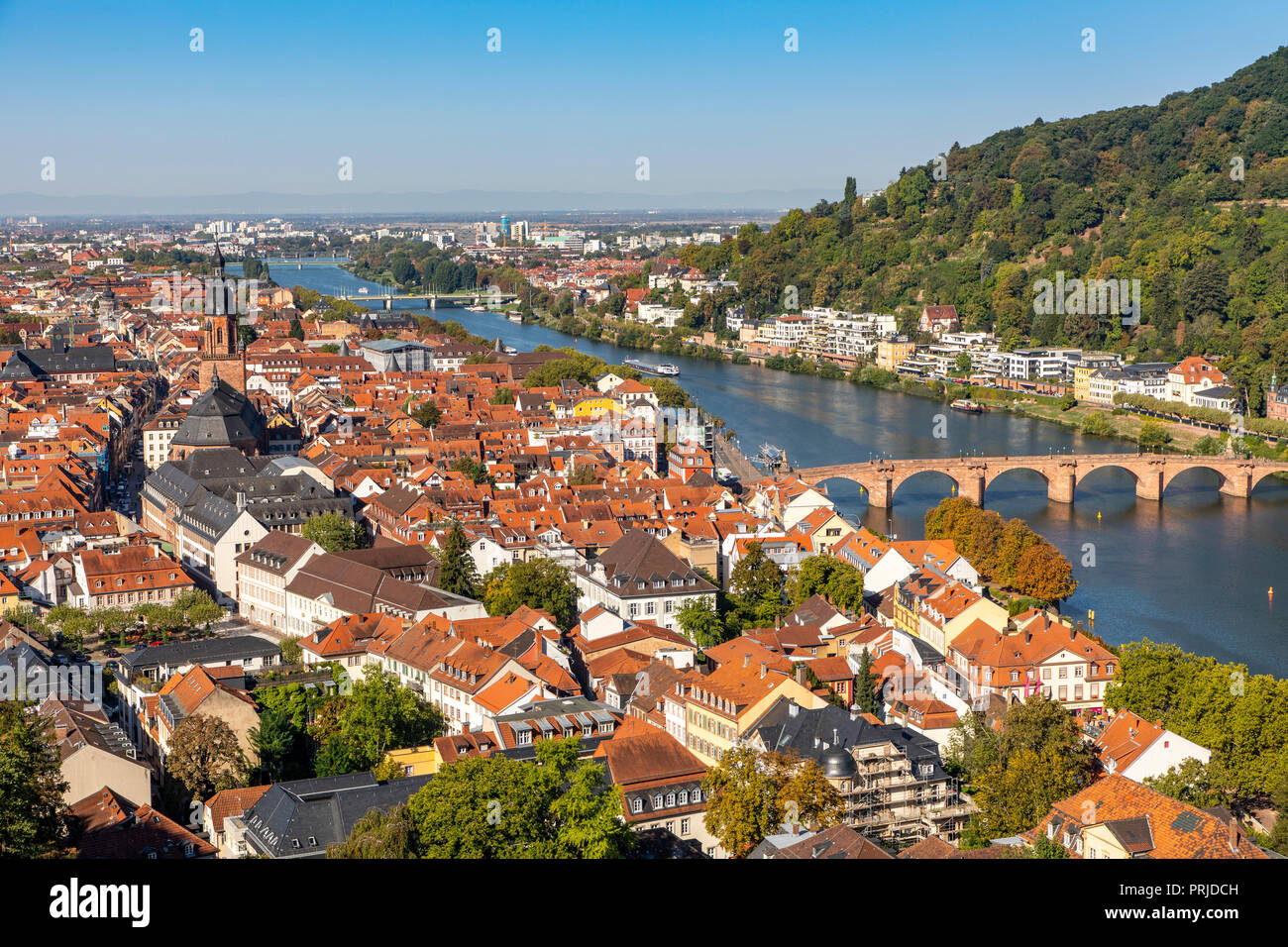 Vista sulla città vecchia di Heidelberg, fiume Neckar, vecchio ponte Neckar, Germania Foto Stock