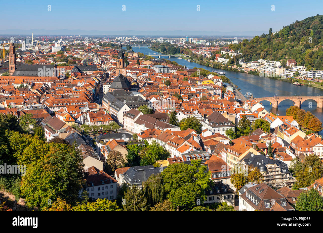 Vista sulla città vecchia di Heidelberg, fiume Neckar, vecchio ponte Neckar, Germania Foto Stock