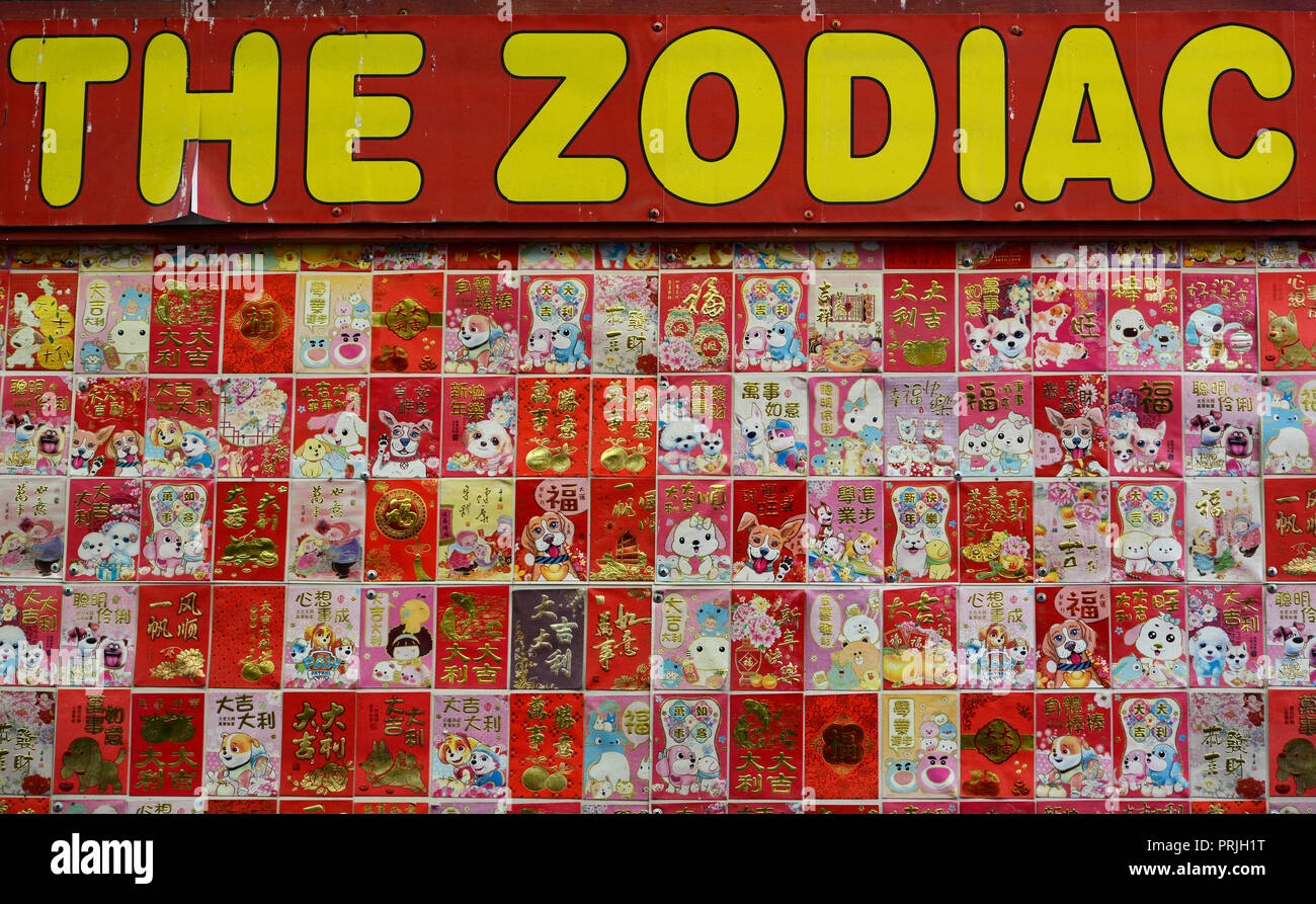 Un display di carte per celebrare l Anno del cane (2018) in zodiaco cinese, fissata ad una parete nella Chinatown di San Francisco, California USA Foto Stock