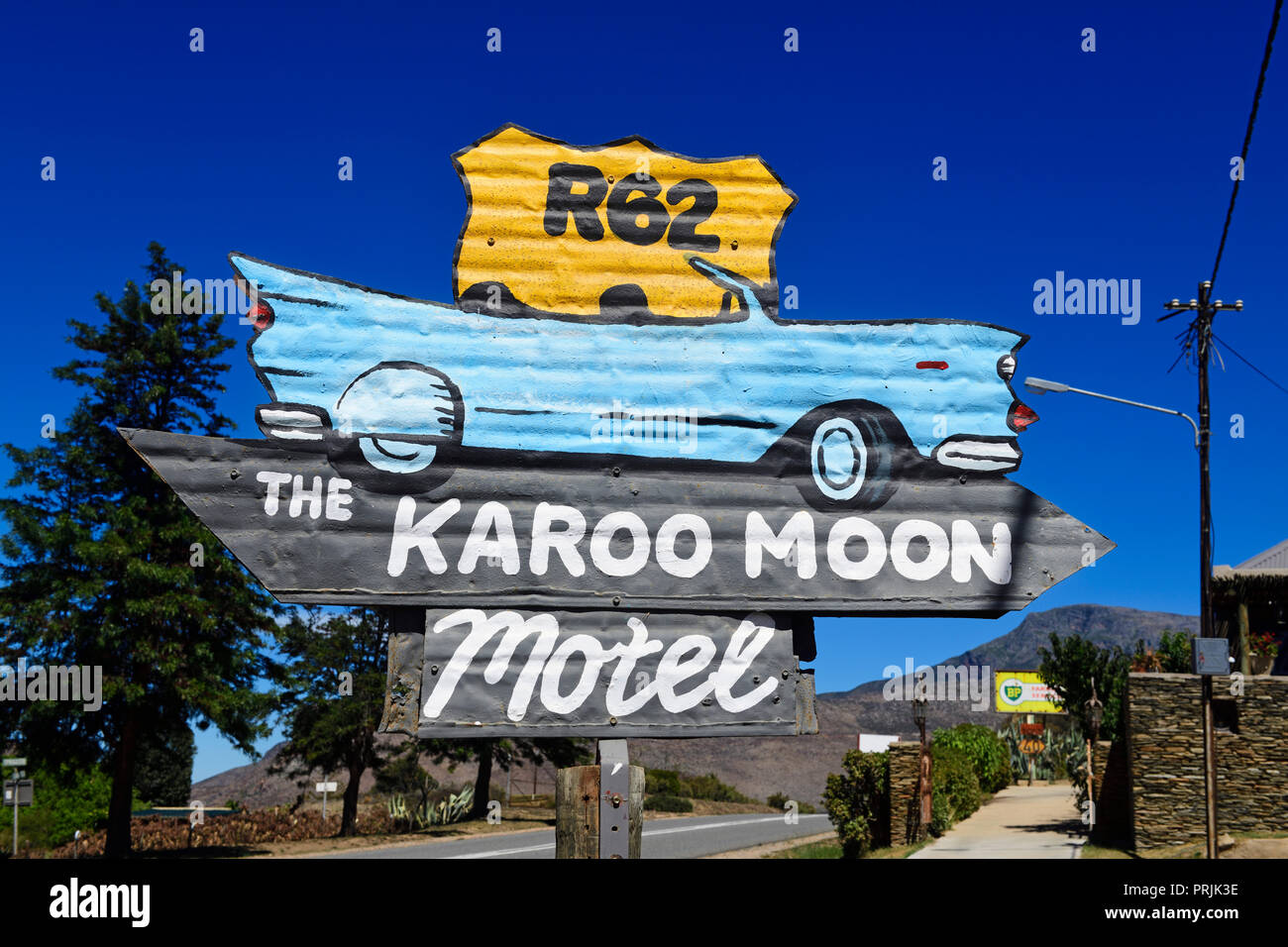 Karoo Moon Hotel, segno, Route 62, Barrydale, Sud Africa Foto Stock