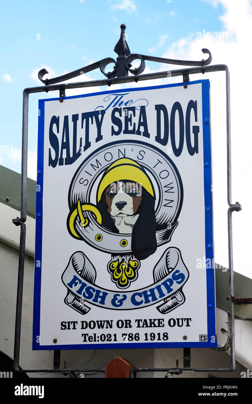 Il salato Seadog, segno, pesce und Chips ristorante, Simon's Town, Western Cape, Sud Africa Foto Stock