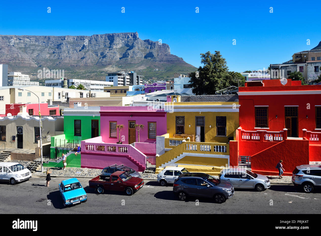 Facciate colorate sulla De Waal Street, Wale Street, Bo Kaap, Cape Malay, Cape Town, Western Cape, Sud Africa Foto Stock