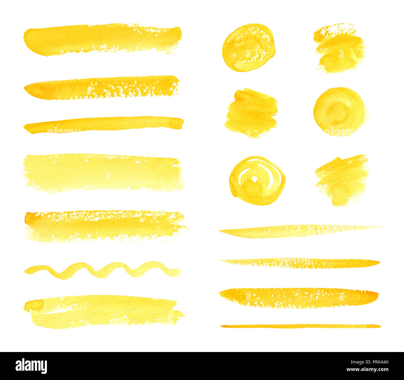 Set di giallo dipinti ad acquerello schizzi e ictus. Isolato su sfondo bianco Foto Stock