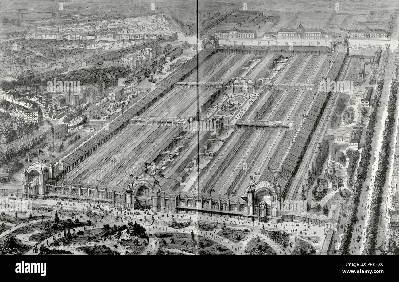 Francia. París. Exposición Universal de 1878. Vista generale del Palacio y de los jardines de la exposición en el Campo de Marte 'Champs de Mars'. Perspectiva de acuerdo a los planos del proyecto de Leopoldo Hardy, arquitecto y director de las obras. Grabado. La Ilustración Española y Americana, 22 de noviembre de 1876. Biblioteca Histórico Militar de Barcelona. Cataluña, España. Foto Stock