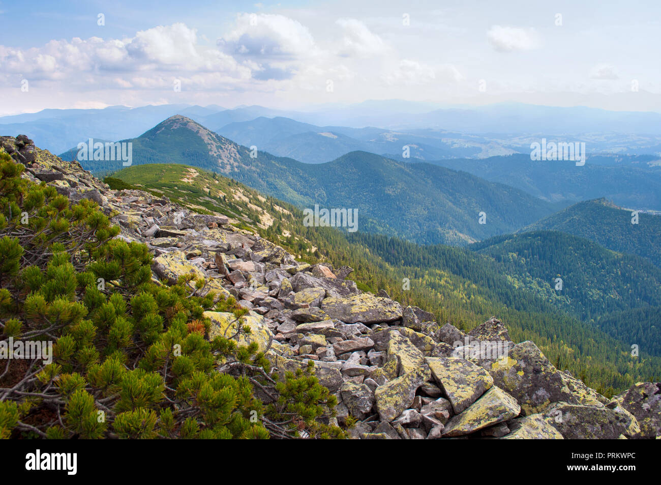 Carpazi in autunno. Campo di pietra sulla strada per il Monte Homiak. Nuvoloso Giorno soleggiato Foto Stock