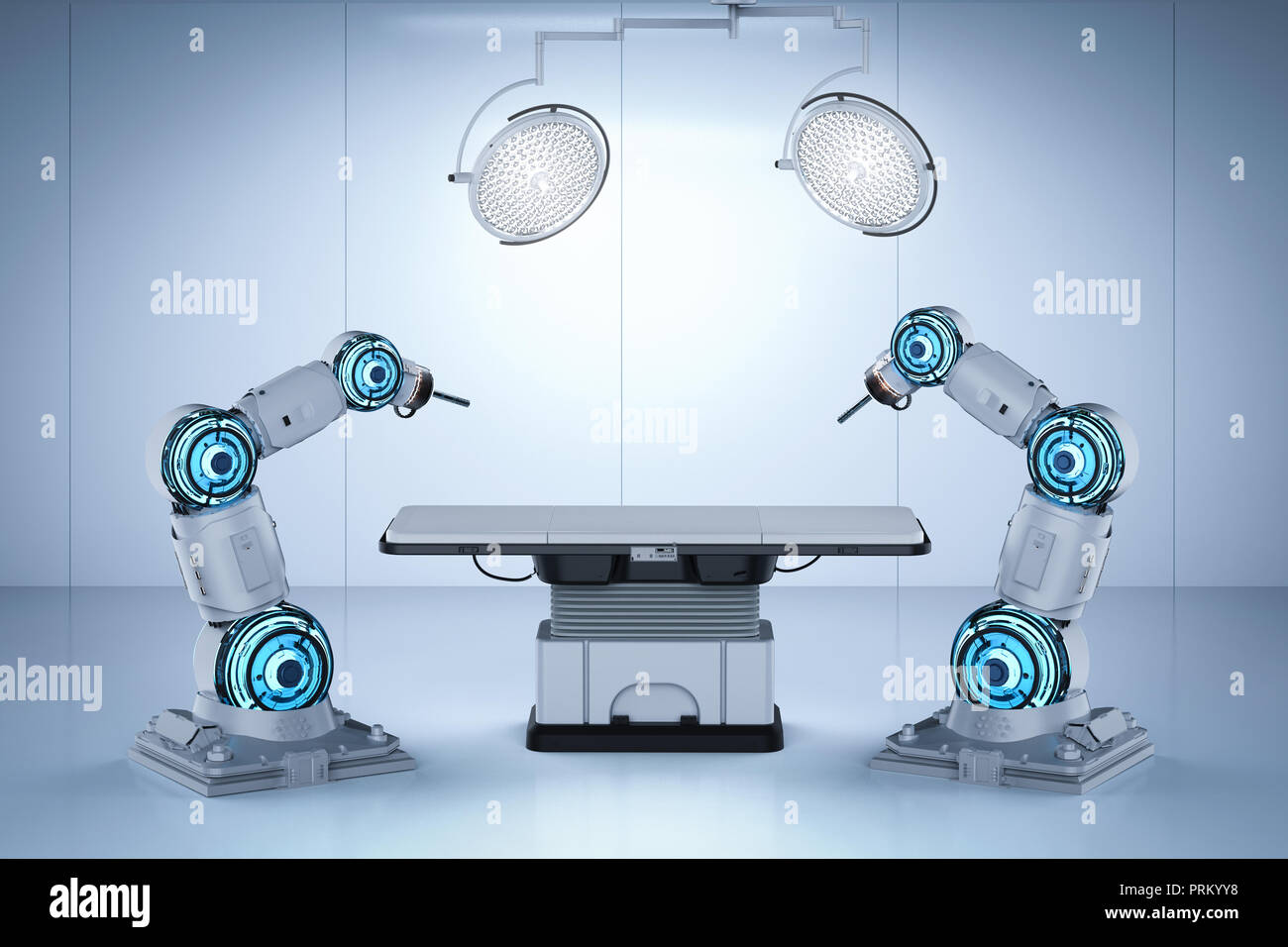 3D rendering chirurgia braccio robotico in sala operatoria Foto Stock