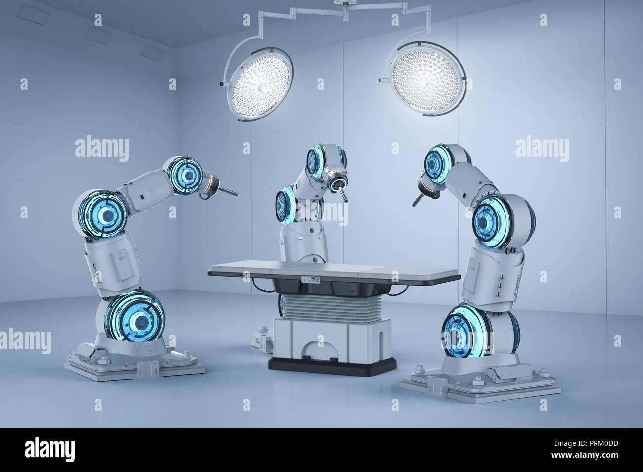 3D rendering chirurgia braccio robotico in sala operatoria Foto Stock