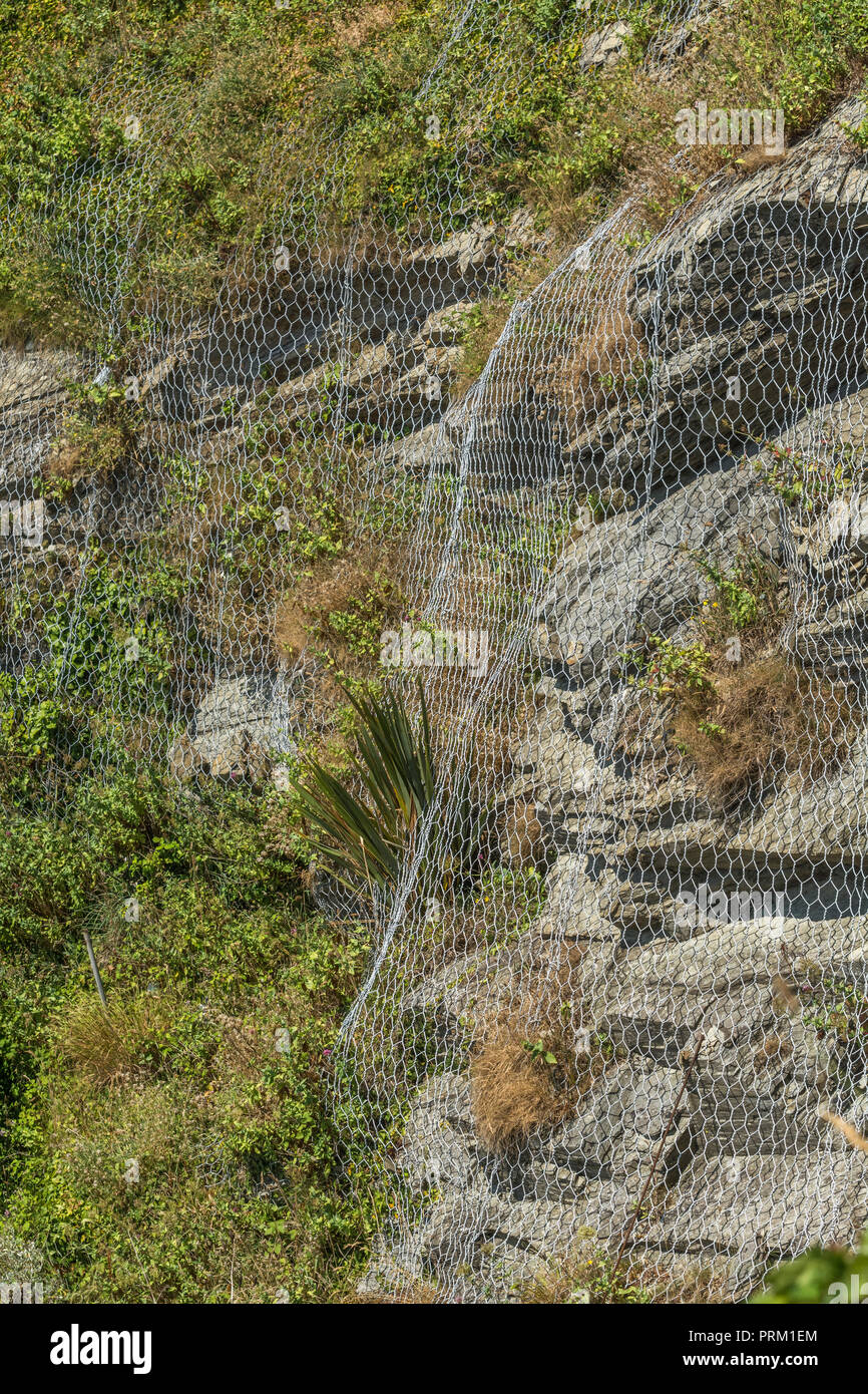 Rete di protezione contro le cadute da roccia. Foto Stock