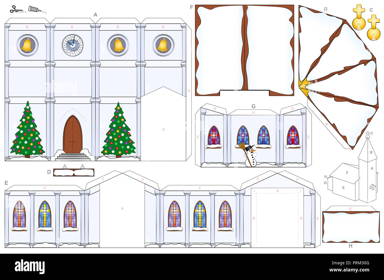 Chiesa in inverno, carta artigianale foglio. Foglio ritagliato di per effettuare una dettagliata 3d modello in scala chiesa con neve tetti, alberi di natale e pupazzi di neve. Foto Stock
