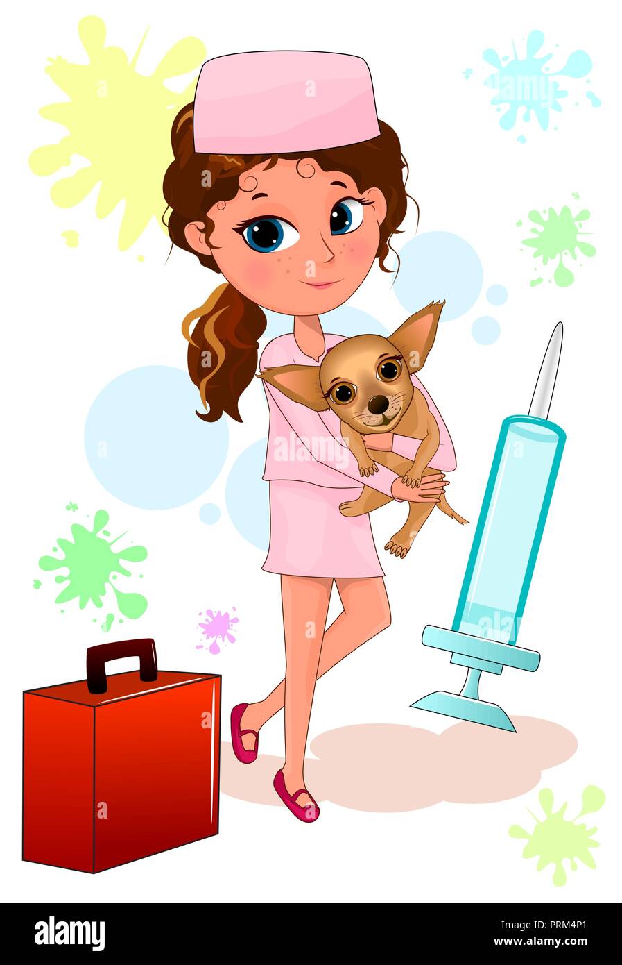 Cartoon bambina nella forma di un infermiere. Ragazza con un cane nelle sue braccia. Illustrazione Vettoriale
