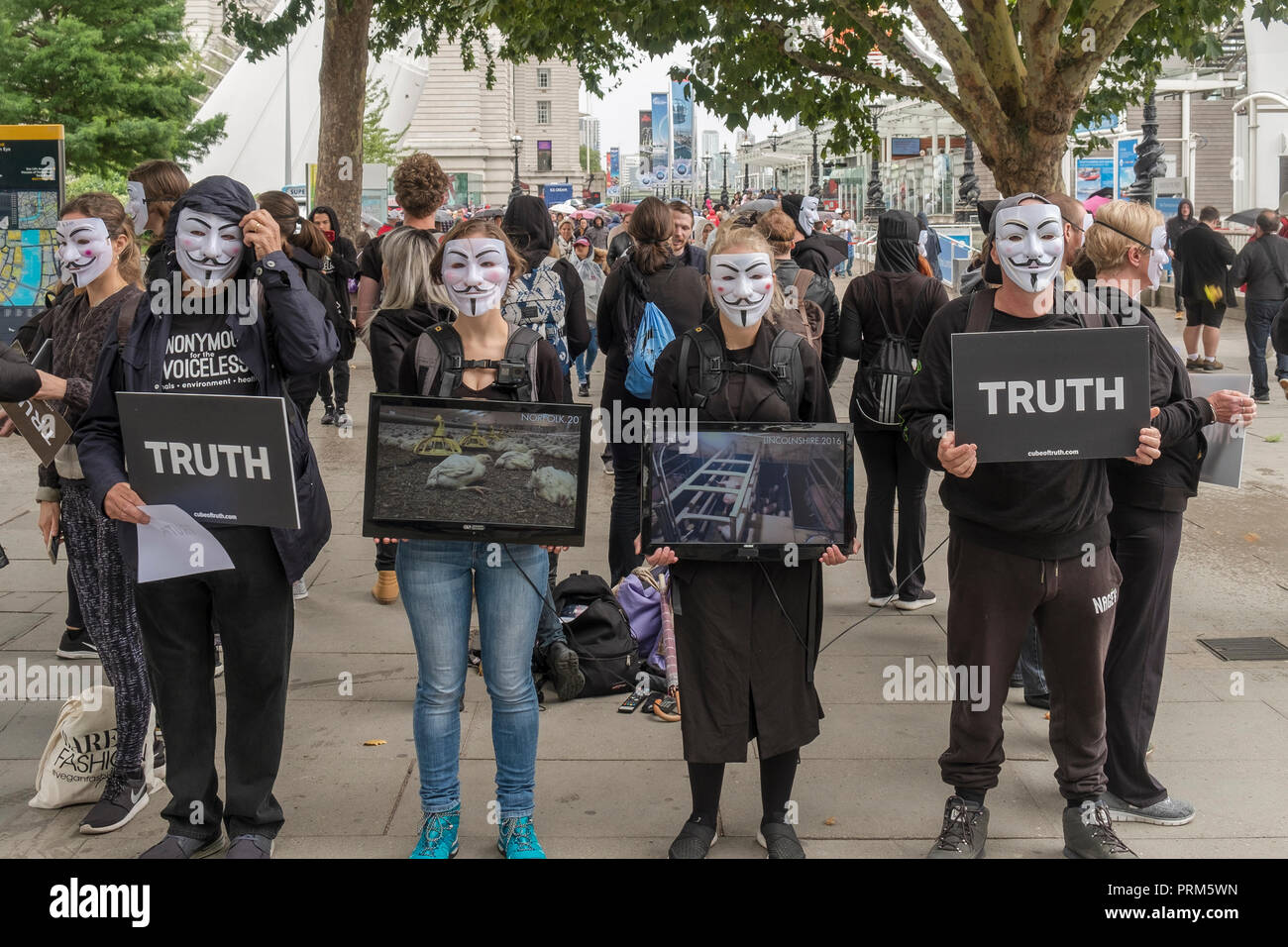 I membri del collettivo attivista anonimo per i senza voce, un animale diritti organizzazione specializzata in street attivismo, dimostrare a Londra il Ago Foto Stock