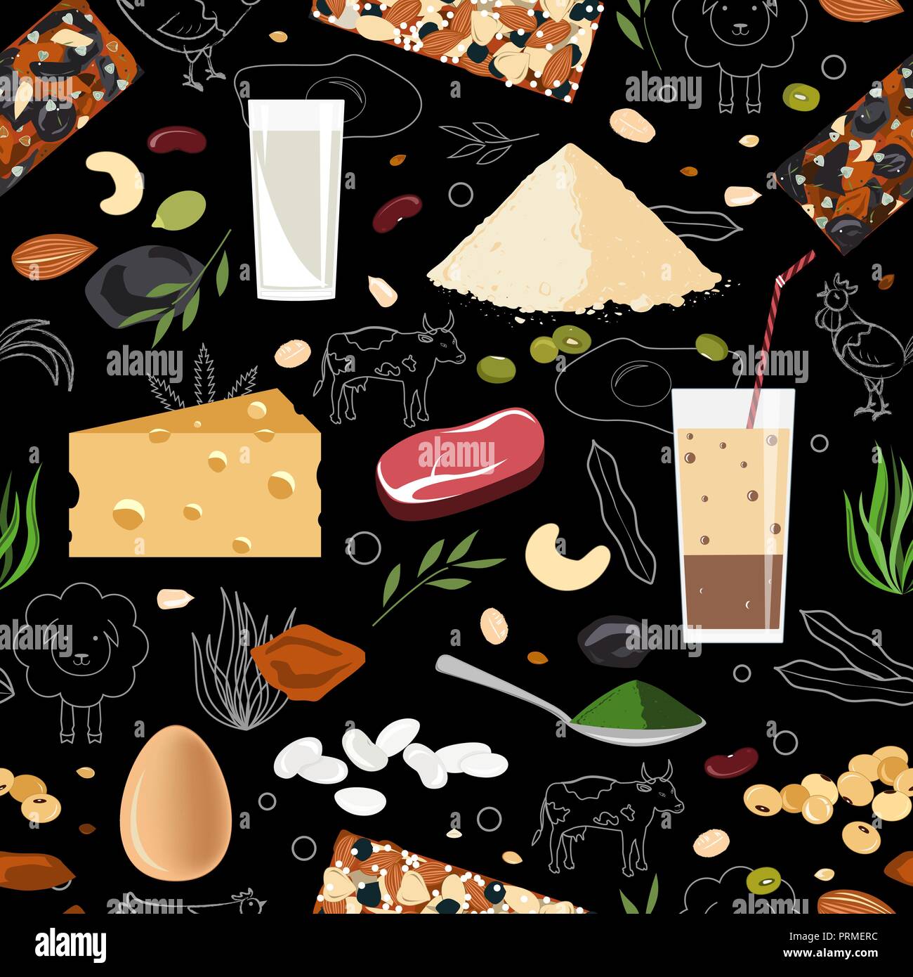 Sport e alimentazione sana nutrizione seamless pattern. Animale e vegane cibo di proteina Illustrazione Vettoriale