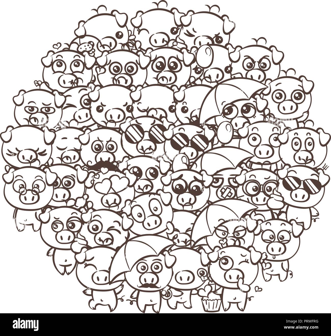 Sfondo con simpatici baby suinetti. Pastello immagine cartoon kawaii suini. Il vettore per disegnare a mano libera doodle fumetto gli Emoji art. Illustrazione per pagine da colorare un Illustrazione Vettoriale