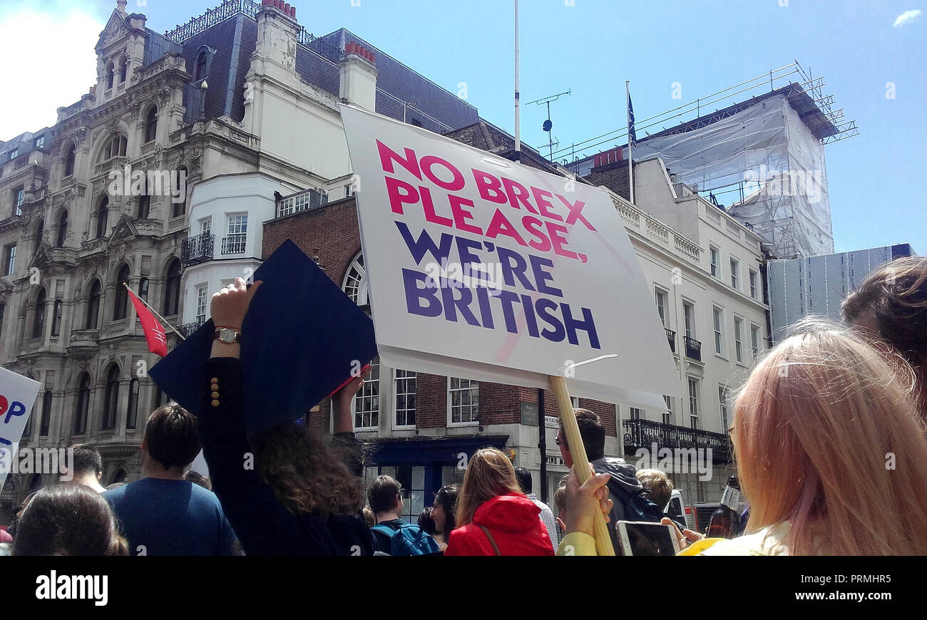 Londra, UK, 2 luglio 2016. 'Marco per l'Europa", Anti-Brexit protesta. Un manifestante tiene un cartello che diceva "No brex vi preghiamo siamo britannica". Foto Stock