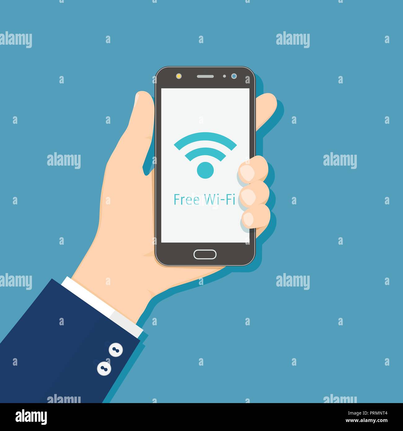 Mano azienda nero smartphone con icona Wi-Fi. Uno stile piatto illustrazione Illustrazione Vettoriale