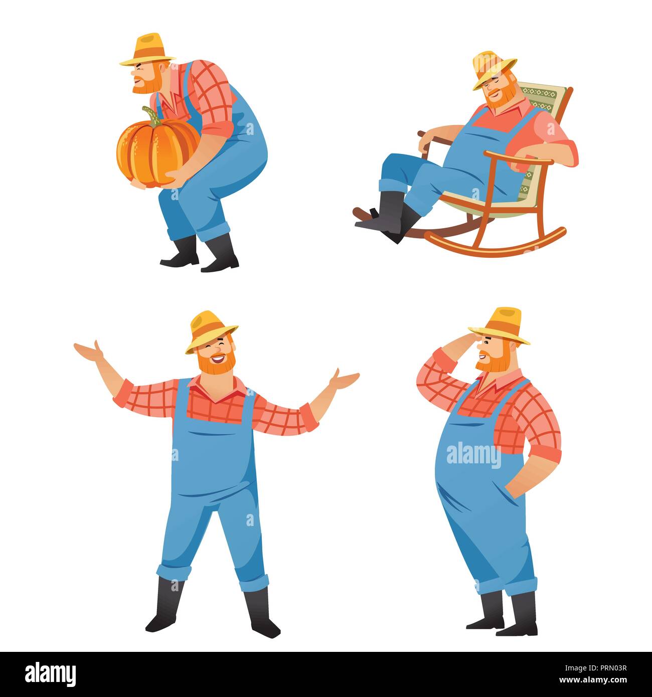 Set di quattro cartoni di vettore illustrazione di agricoltore indossando cappello di paglia e in generale usando gli attrezzi da giardino per varie attività di agricoltura isolati su whit Illustrazione Vettoriale
