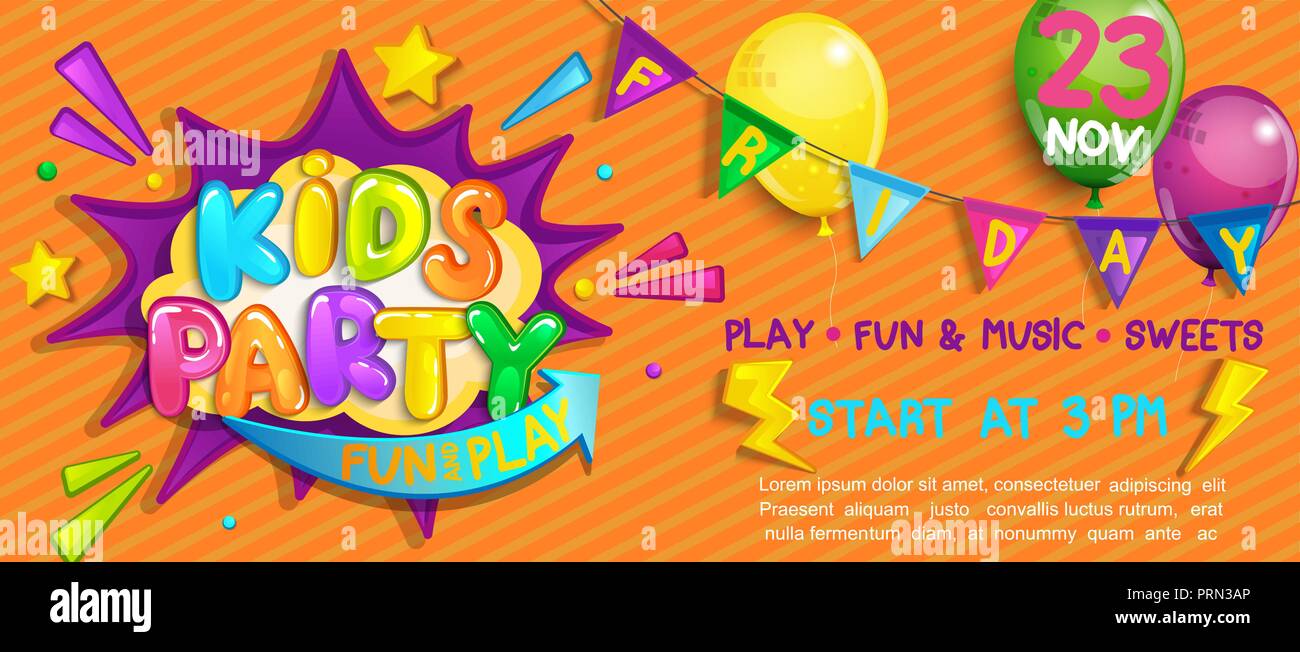 Ampia Super Kids party Banner in stile cartoon con palloncini, bandiere e telaio del braccio.Festa di compleanno, il posto per il gioco e il divertimento, bambini Sala giochi. Poster Illustrazione Vettoriale