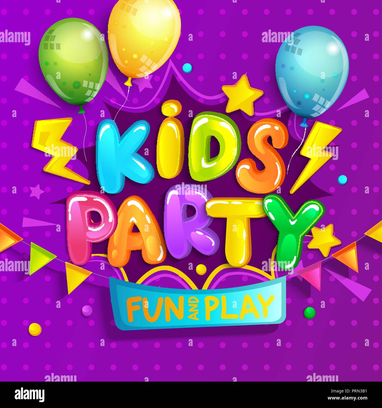 Kids party banner di benvenuto in stile cartoon con palloncini, bandiere e telaio del braccio.luogo di divertimento e di gioco, i bambini Sala giochi per la festa di compleanno. Poster Illustrazione Vettoriale
