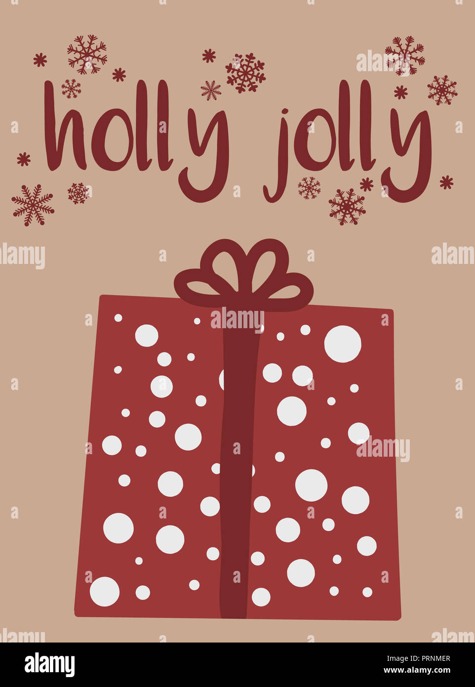 Illustrazione Vettoriale per Capodanno e Natale. Disegnate a mano immagine di un cartoon regalo rossa su uno sfondo beige con una iscrizione holly jolly Foto Stock