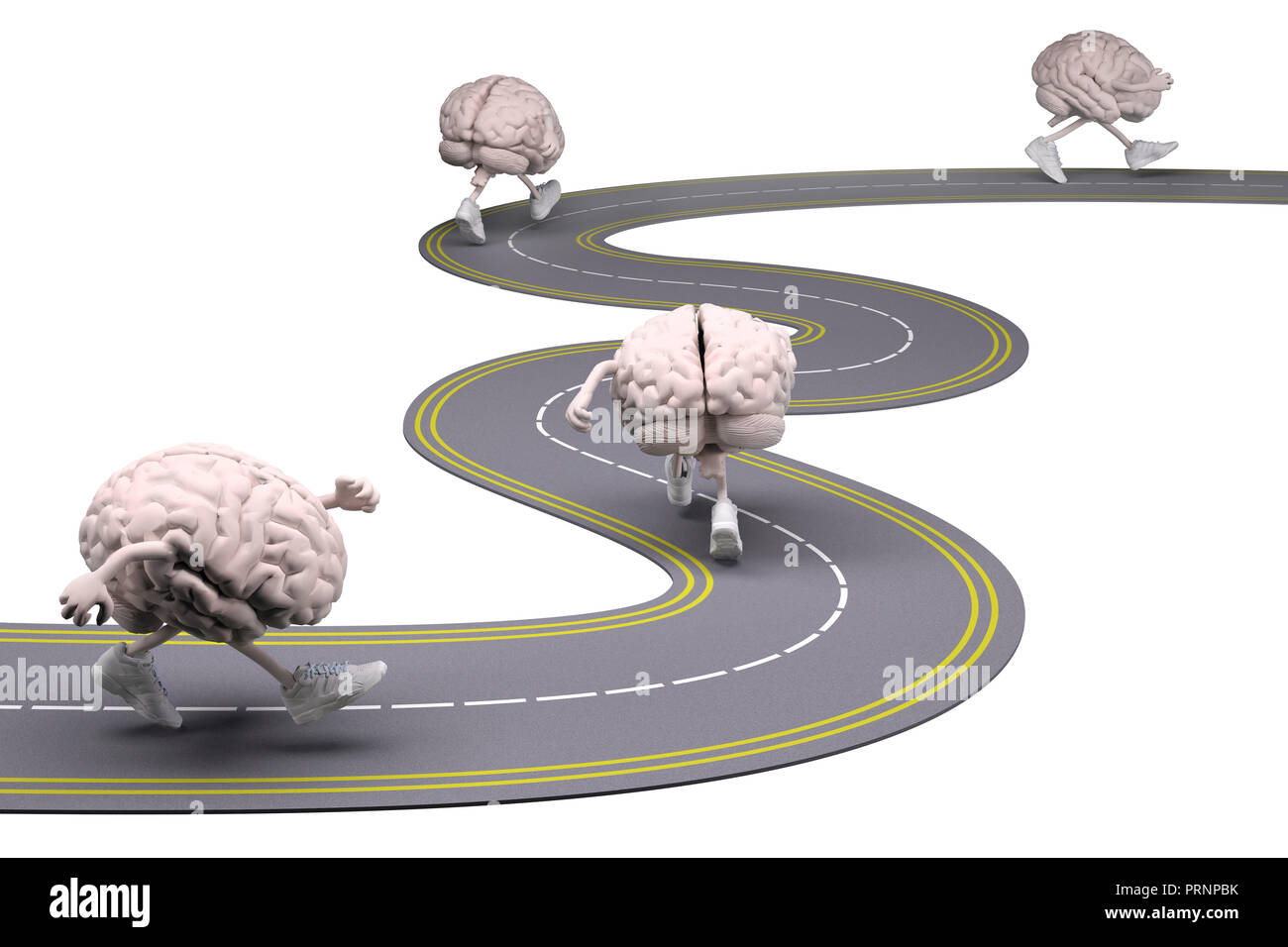 Il cervello umano con le braccia, le gambe e sneackers su piedi che corre in strada, 3d illustrazione Foto Stock
