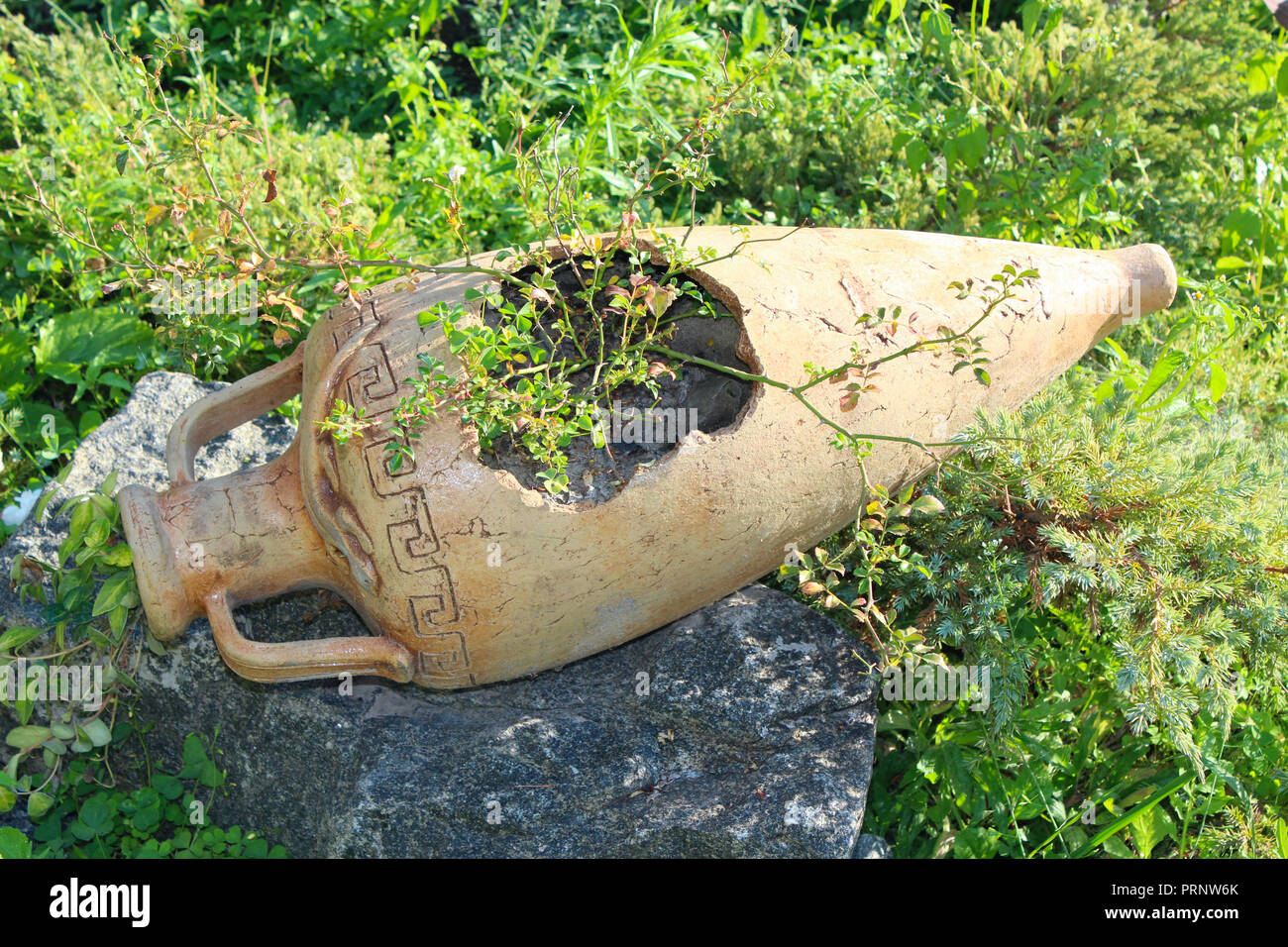 Landscape design in giardino con anfora e fiori. Elementi decorativi. Dettaglio creativo nel giardino gsummer Foto Stock