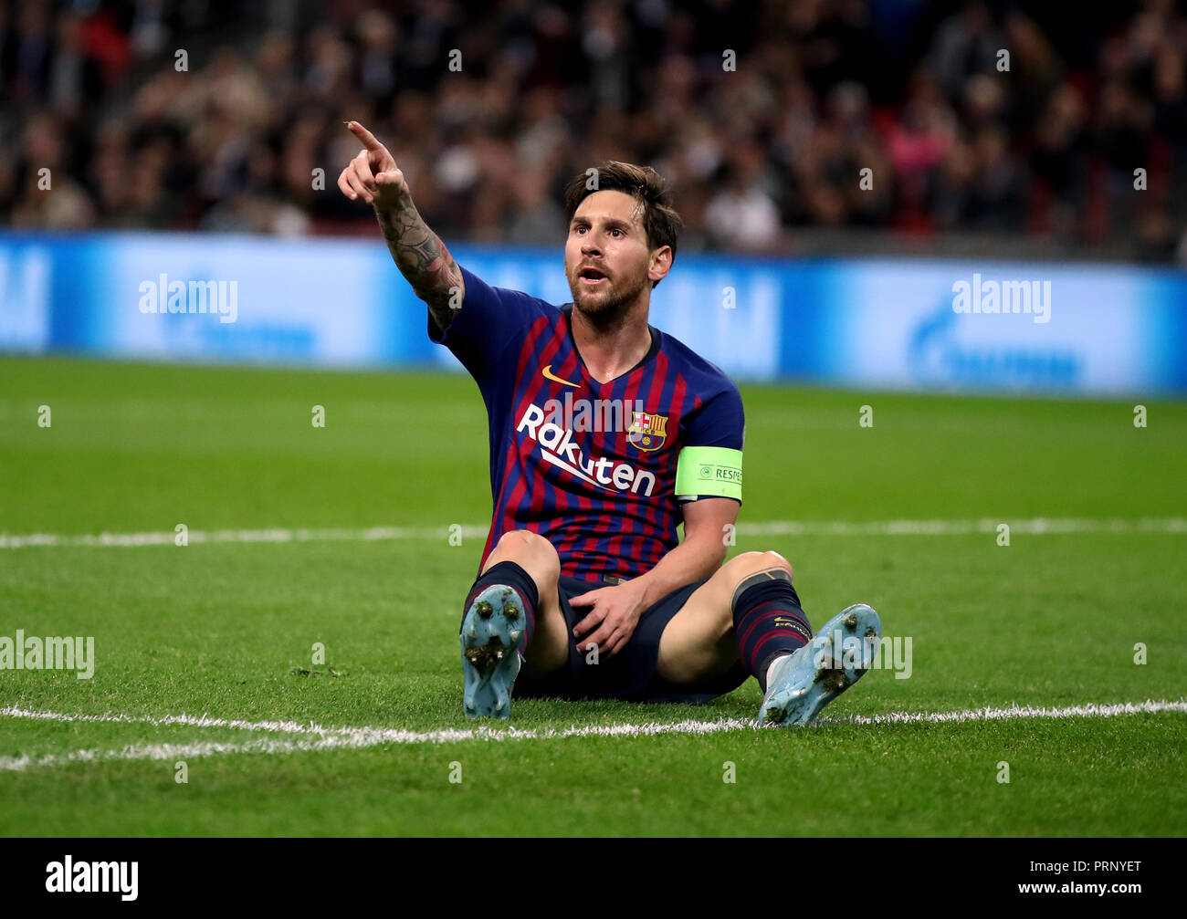 Barcellona il Lionel Messi durante la UEFA Champions League, gruppo B corrisponde allo stadio di Wembley, Londra. Foto Stock