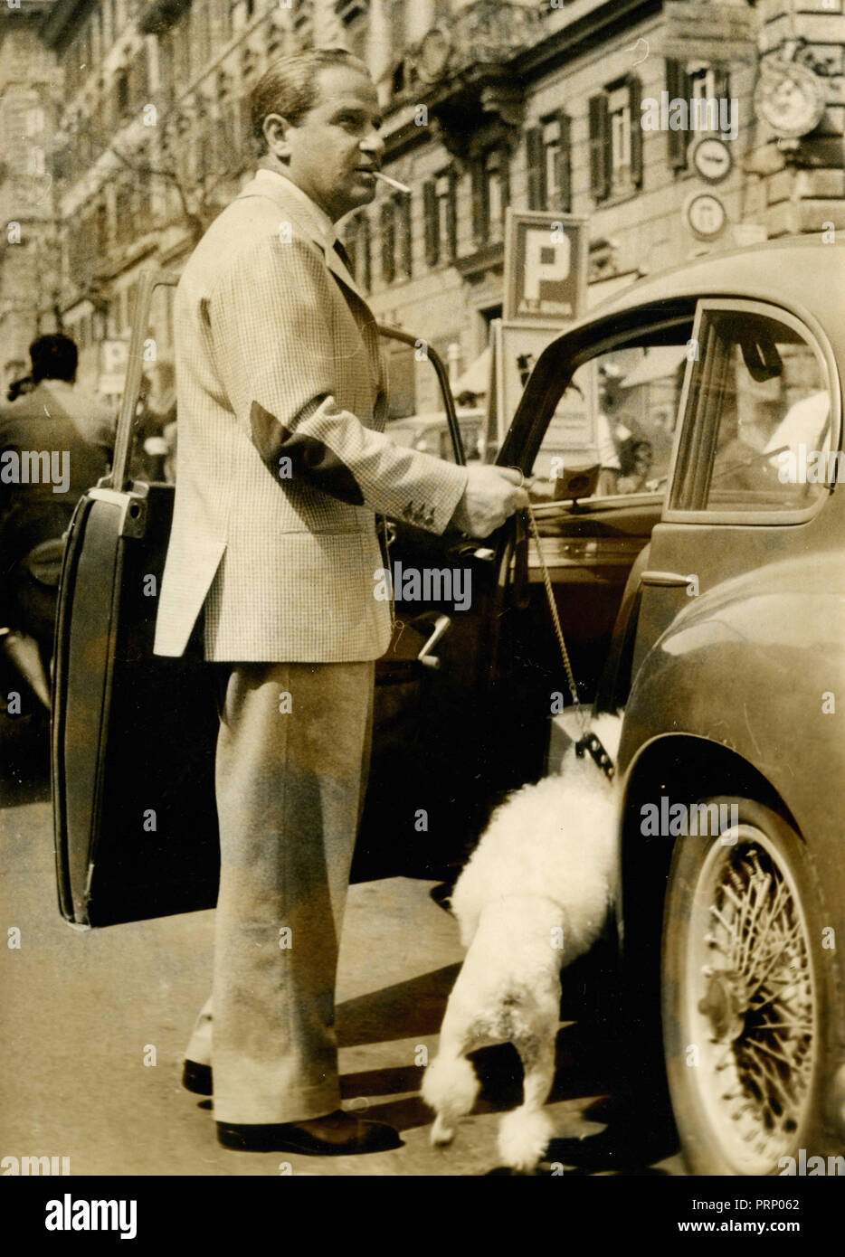 Uomo con un cane barboncino ottenere all'interno della vettura, Italia degli anni settanta Foto Stock