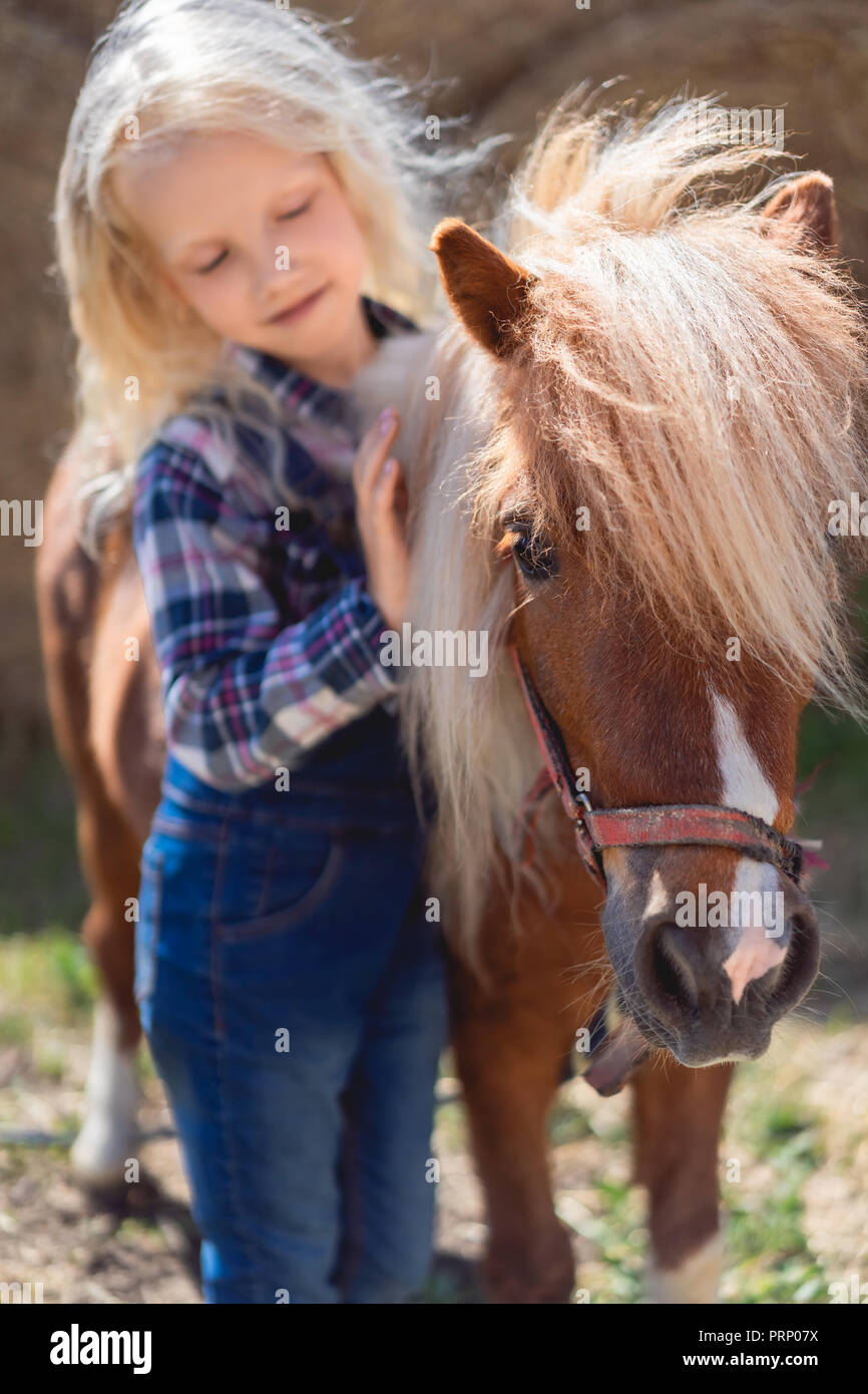 Kid toccando simpatici pony fur presso l'azienda Foto Stock