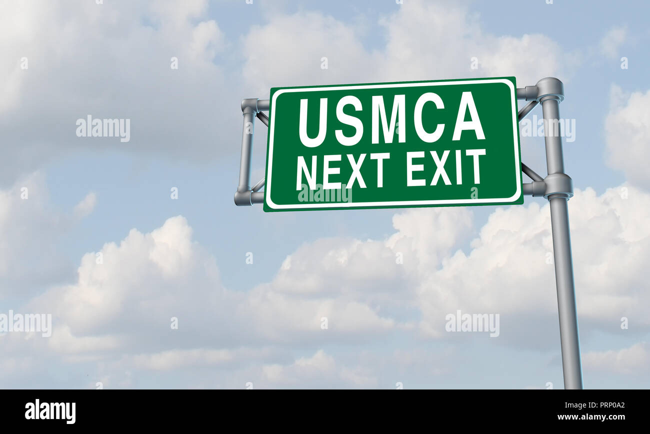 USMCA America del nord scambi trattativa come un accordo economico tra gli Stati Uniti del Messico e Canada come 3D'illustrazione. Foto Stock