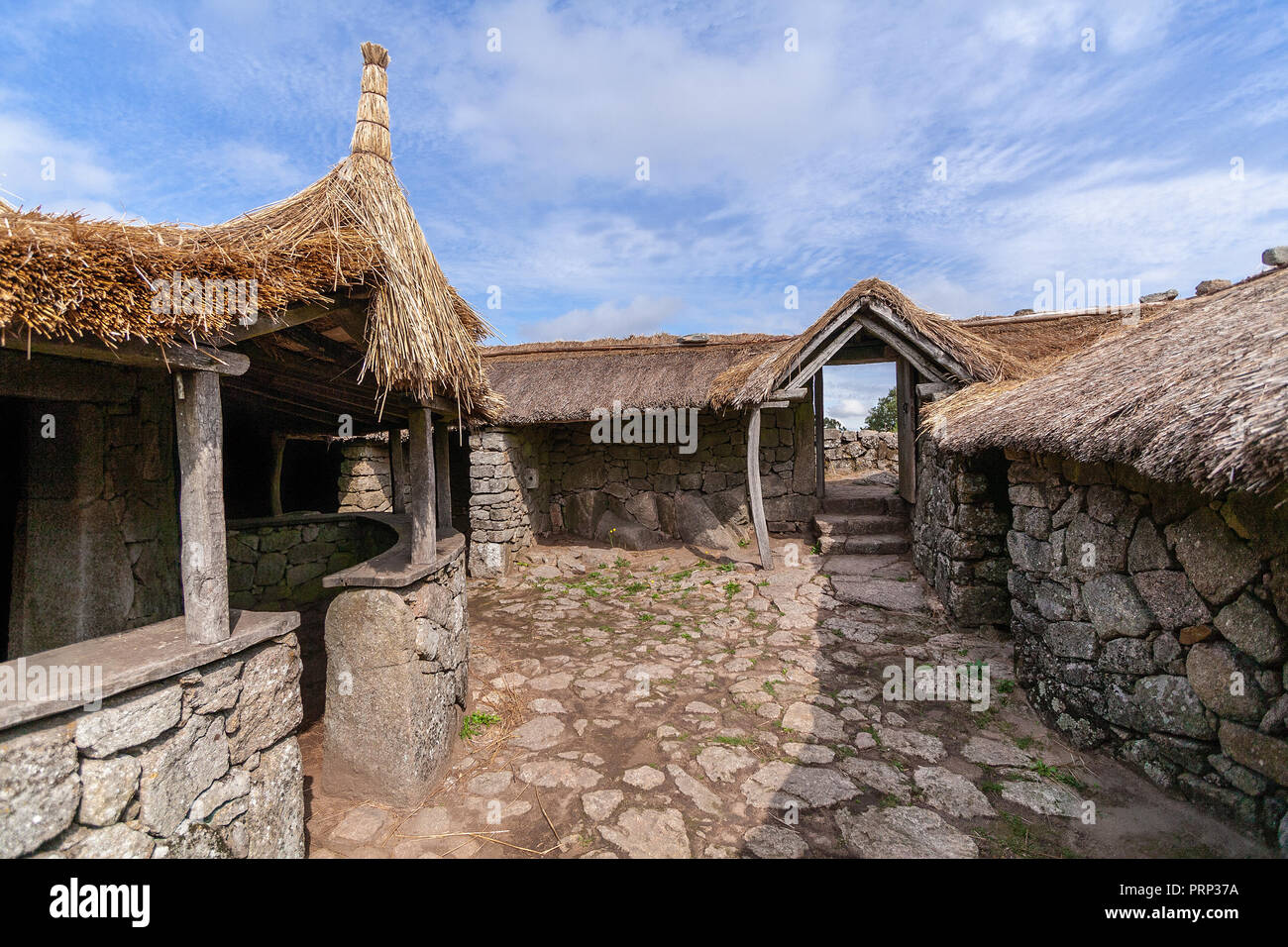 Citania de Sanfins, Portogallo. Ricostruito nucleo familiare edificio, una celtica iberica fortificato di epoca preistorica Castro insediamento hillfort Foto Stock