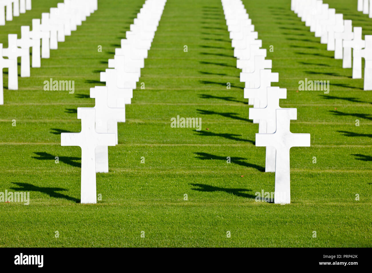 L'Americano cimitero militare Henri-Chapelle vicino Aubel in Belgio con croci bianche in righe. Foto Stock