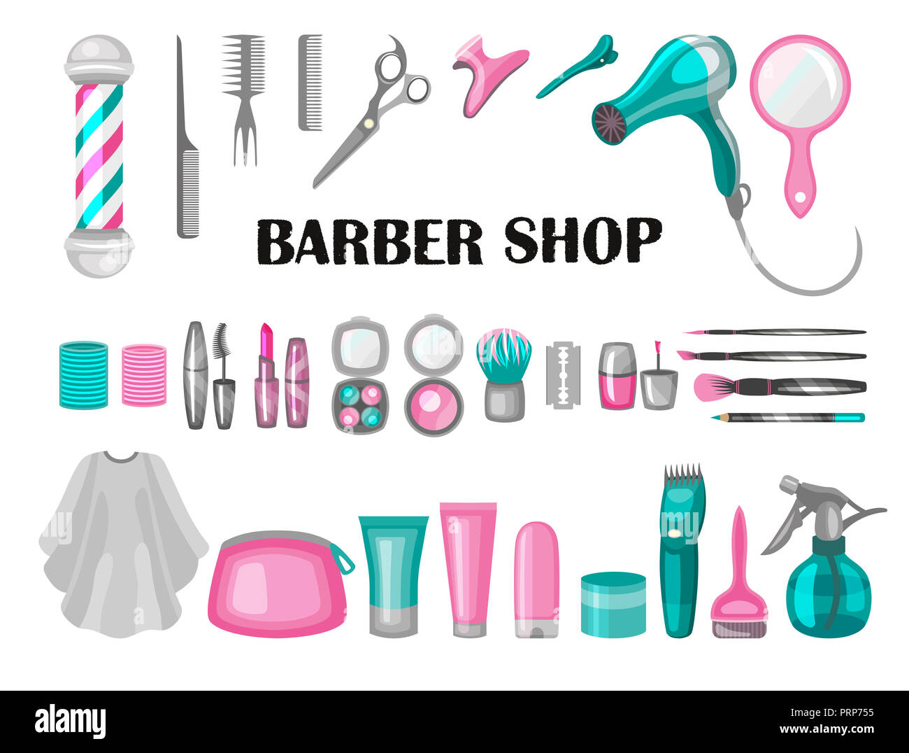 Composizione del set di icone per il Barbiere. Elementi per il web design, in flat lineare stile illustrazione Foto Stock