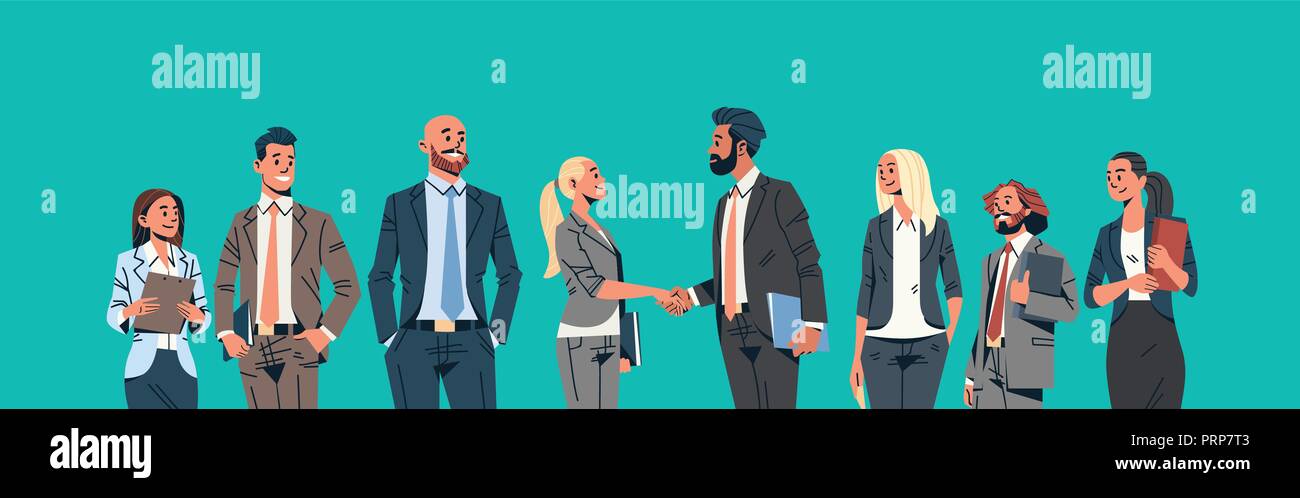 La gente di affari di gruppo agitare a mano accordo comunicando concetto imprenditori donne leader del team meeting femmina maschio cartoon ritratto di carattere orizzontale piana banner Illustrazione Vettoriale