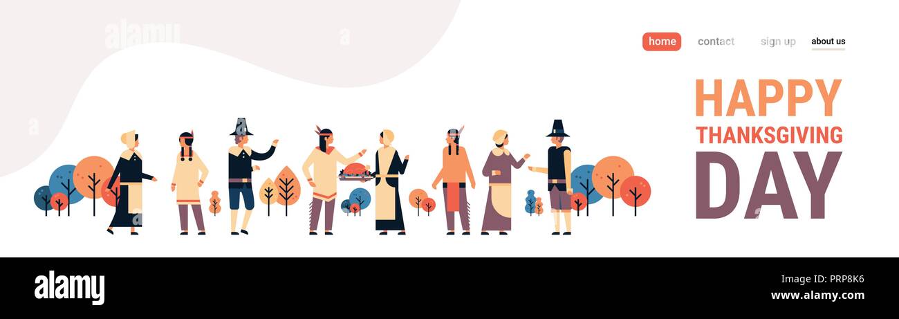 Nativi americani popolo indiano la Giornata del ringraziamento celebrando concetto uomini donne gruppo indossando abiti tradizionali di comunicazione femmina maschio personaggio dei fumetti a piena lunghezza isolati copia orizzontale piana di spazio Illustrazione Vettoriale