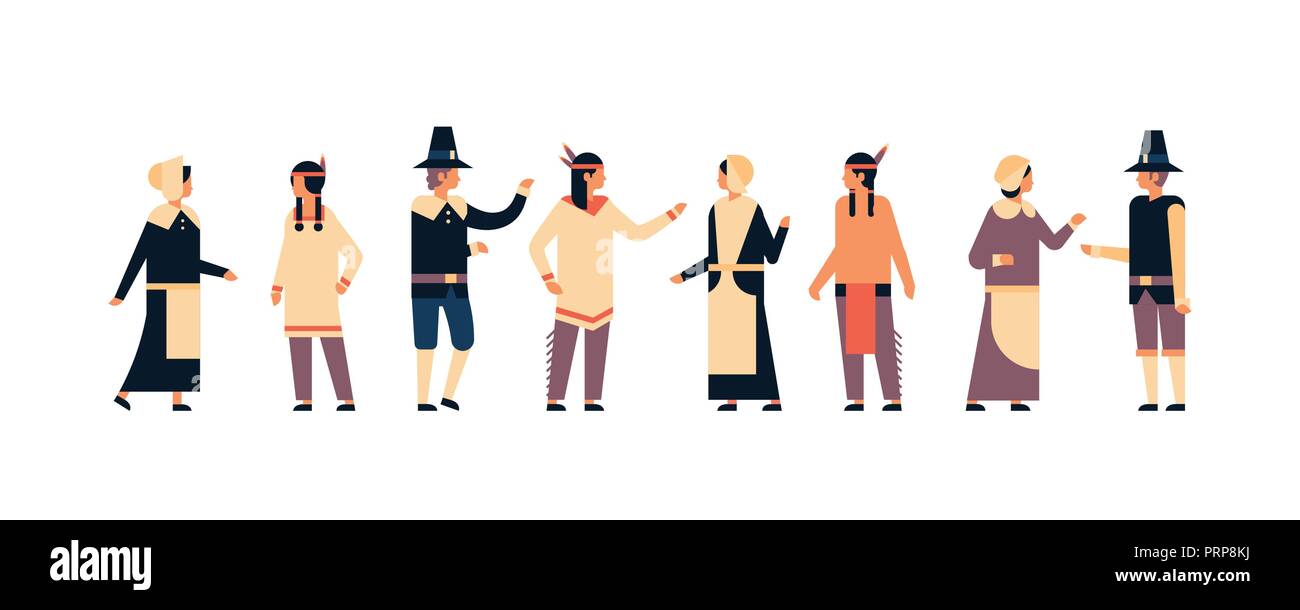 Nativi americani popolo indiano la Giornata del ringraziamento celebrando concetto uomini donne gruppo indossando abiti tradizionali di comunicazione femmina maschio personaggio dei fumetti a piena lunghezza isolati piana orizzontale Illustrazione Vettoriale