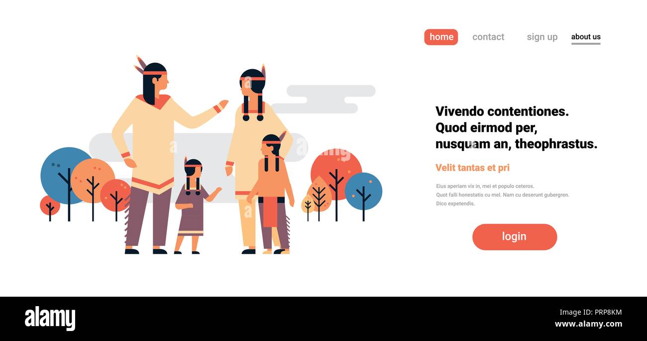 Famiglia indiana la Giornata del ringraziamento celebrando concetto genitori bambini comunicazione personaggio dei fumetti a piena lunghezza copia orizzontale spazio isolato flat Illustrazione Vettoriale