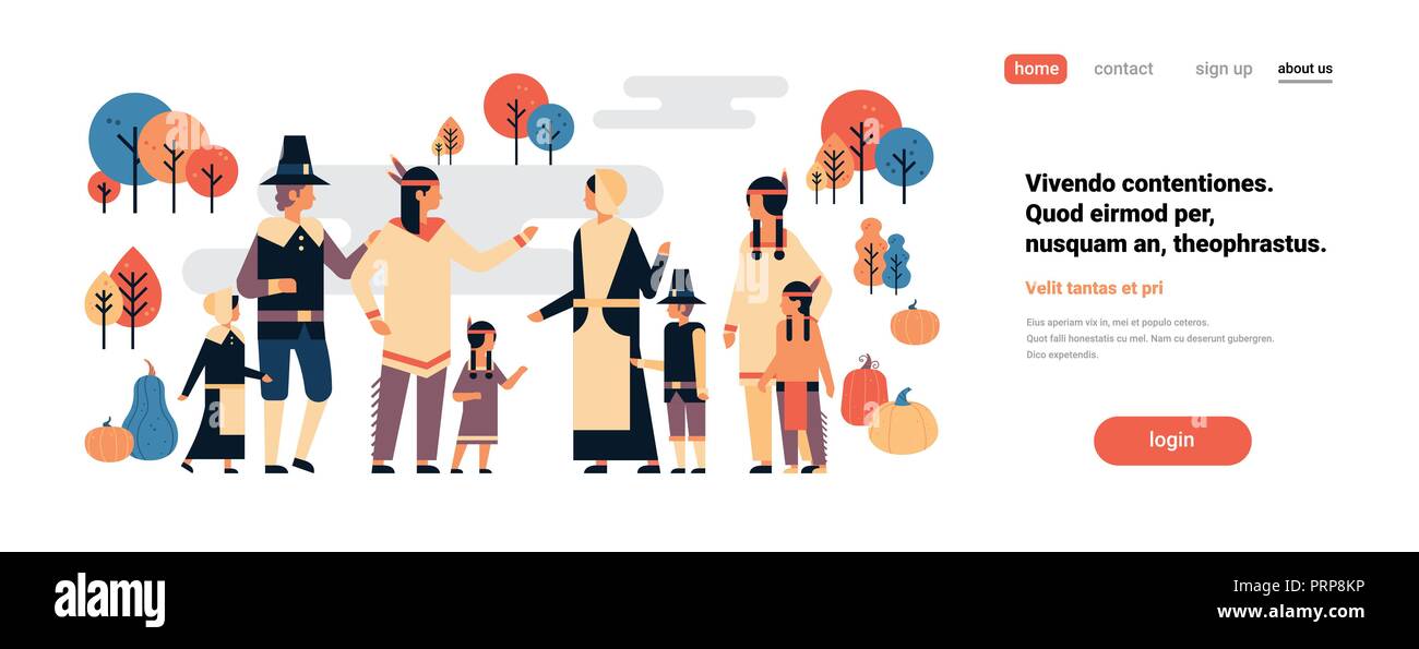 Nativi americani popolo indiano la Giornata del ringraziamento celebrando concetto uomini donne bambini group communication personaggio dei fumetti a piena lunghezza isolati copia orizzontale piana di spazio Illustrazione Vettoriale