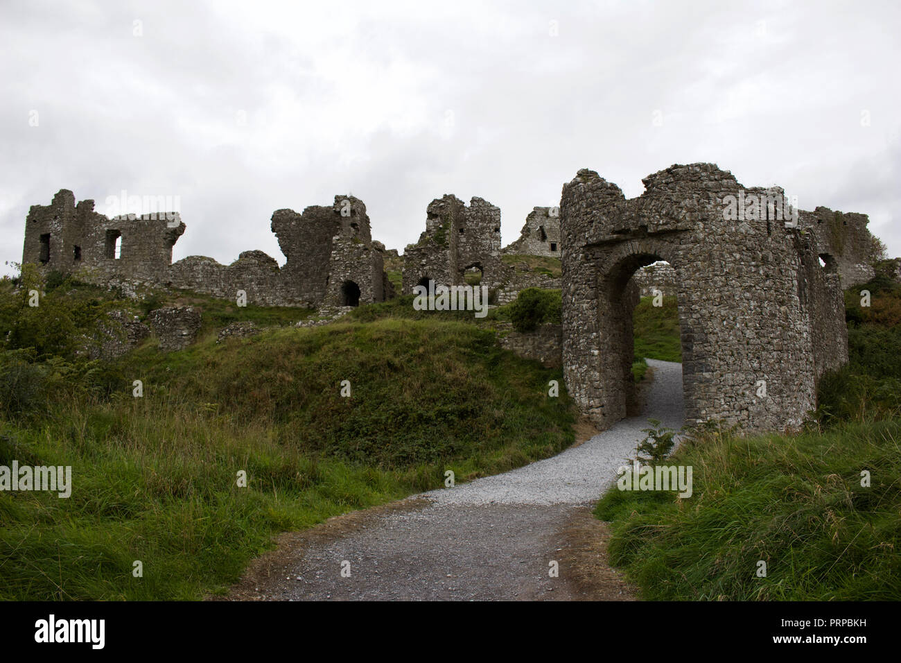 Sentiero fino ai resti del castello medievale in Irlanda (Rock of Dunamase) Foto Stock