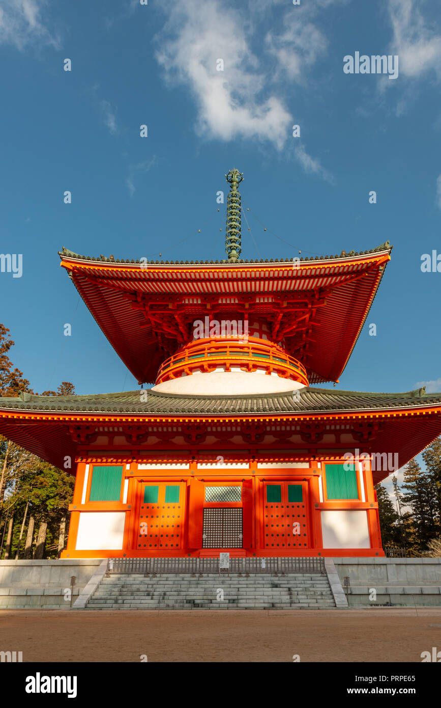 Danjogaran il centro religioso di Koyasan. Il complesso dispone di una ventina di templi ed edifici, incluso il Konpon Daito, 'Grande pagoda' . Foto Stock