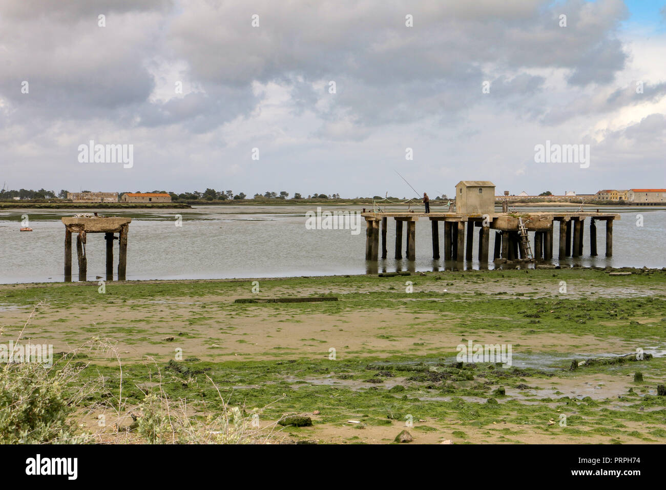 Abbandonato il dock sulla riva del fiume. Un pescatore vi è la pesca con un polo Foto Stock