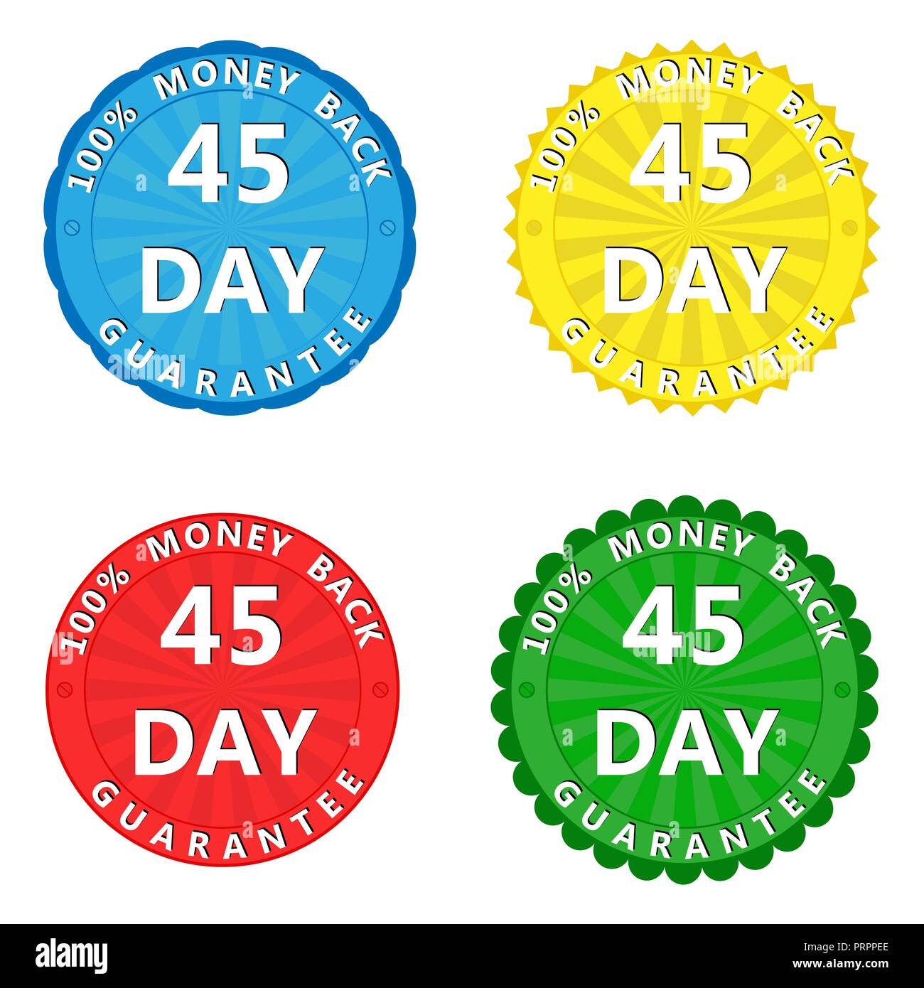 Un set di adesivi colorati con la scritta 100 percento di garanzia di restituzione del denaro entro 45 giorni Illustrazione Vettoriale