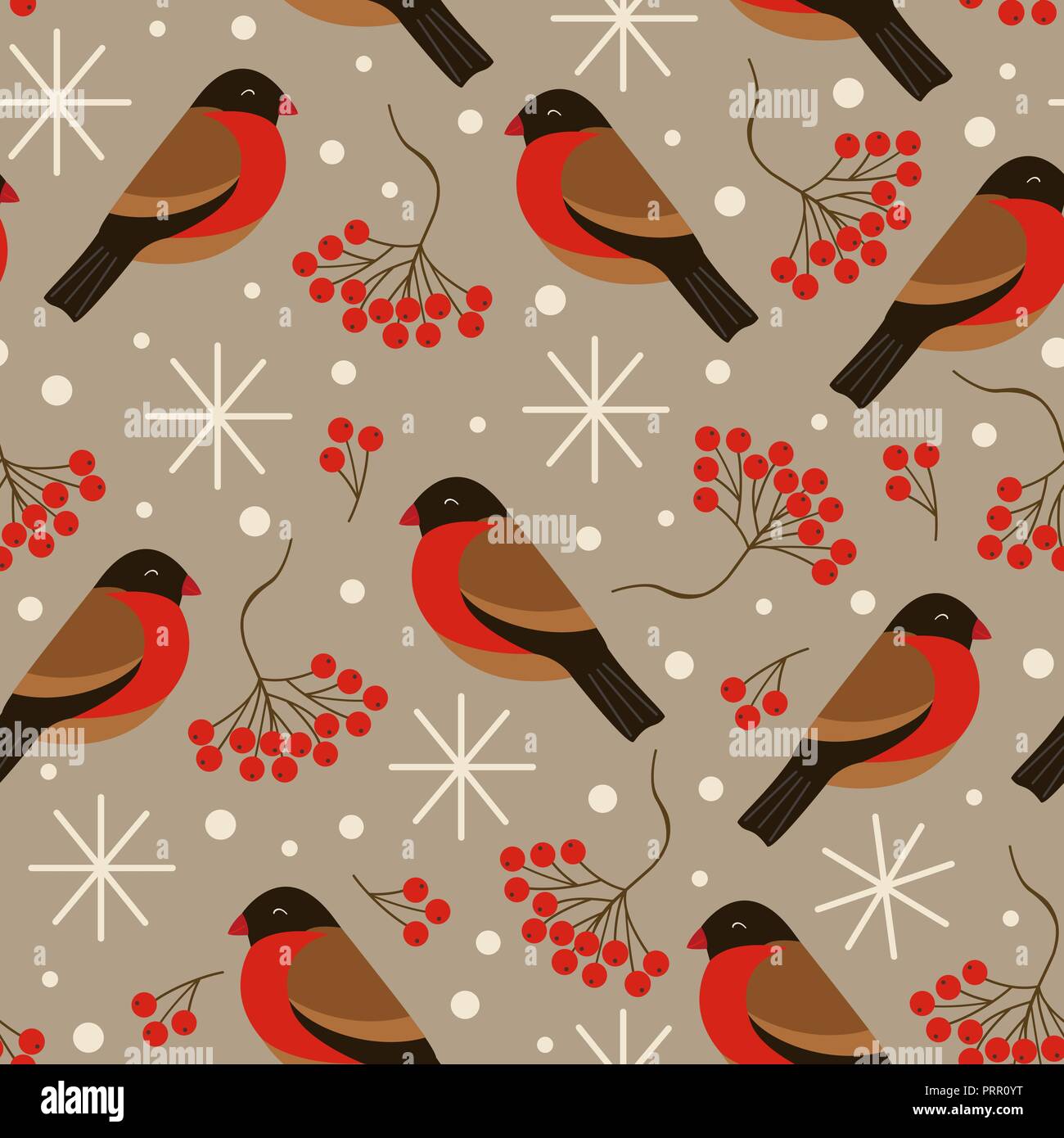 Seamless pattern marrone con bullfinches e rowan - illustrazione vettoriale EPS Illustrazione Vettoriale