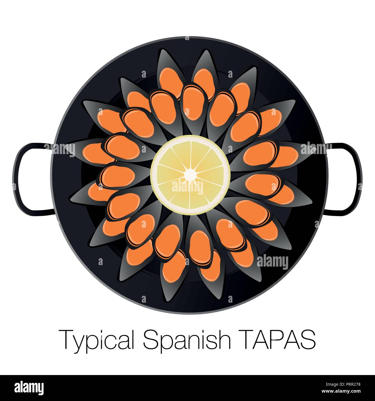 Le cozze al vapore di pentola e fetta di limone. Tipiche tapas spagnole. Illustrazione Vettoriale Illustrazione Vettoriale