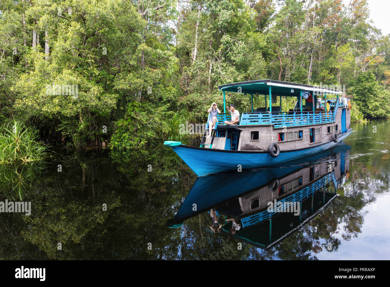 Klotok, con turisti a bordo, Sekonyer River, Tanjung messa National Park, Borneo, Indonesia Foto Stock